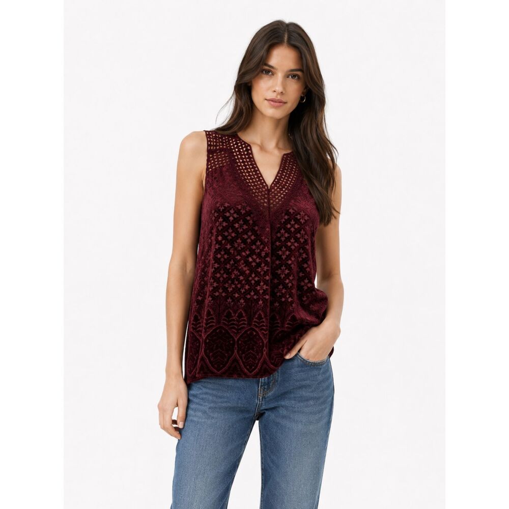Valerie Stevens Maroon Burnout Velvet Top Lace V Neck Sleeveless Blouse M